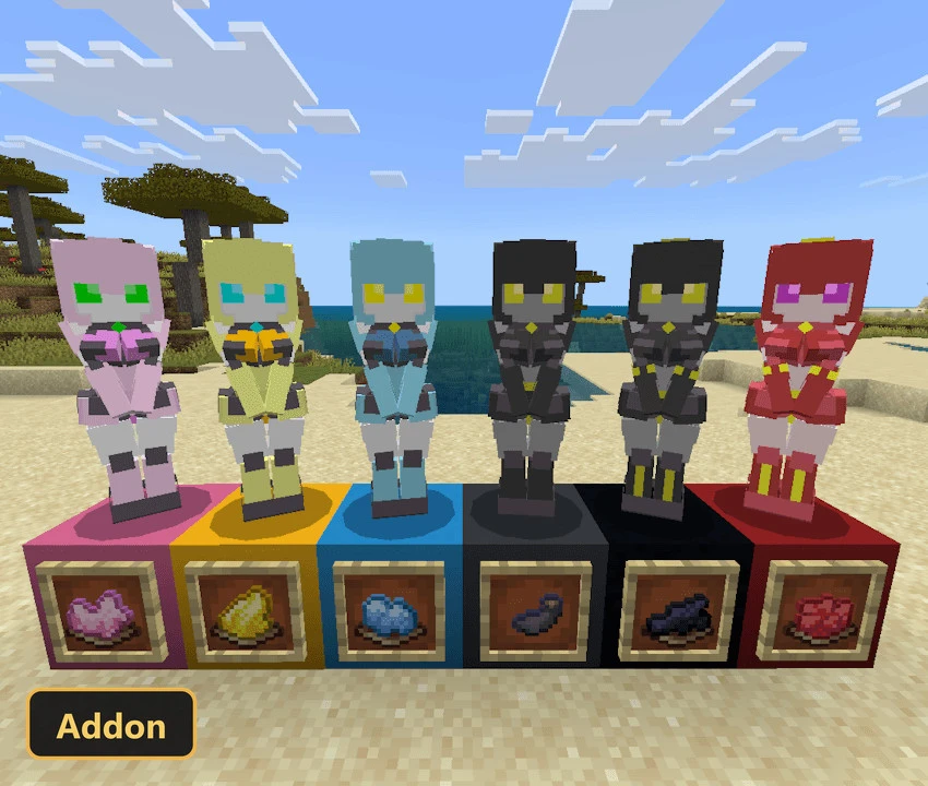 five robot mobs and crafting ingredients on a beach