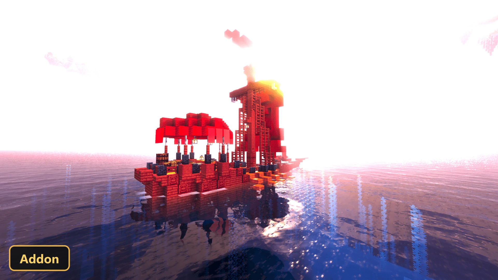 red medieval ship on the ocean at sunset