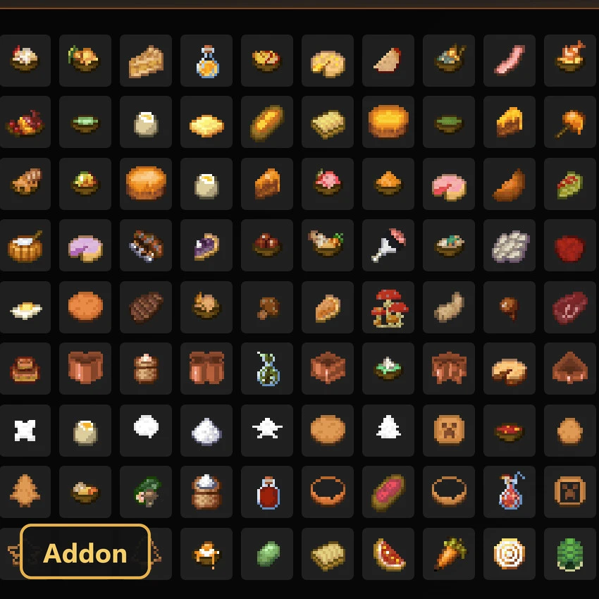 grid of food items, including cakes, meats, and mushrooms