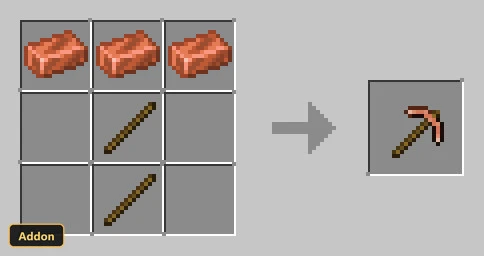 crafting recipe for a copper pickaxe from copper ingots and sticks