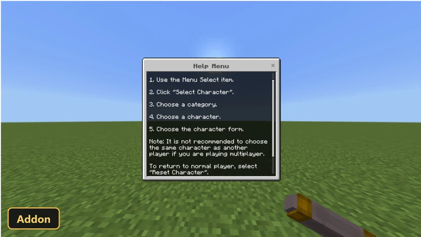 help menu with instructions for character selection