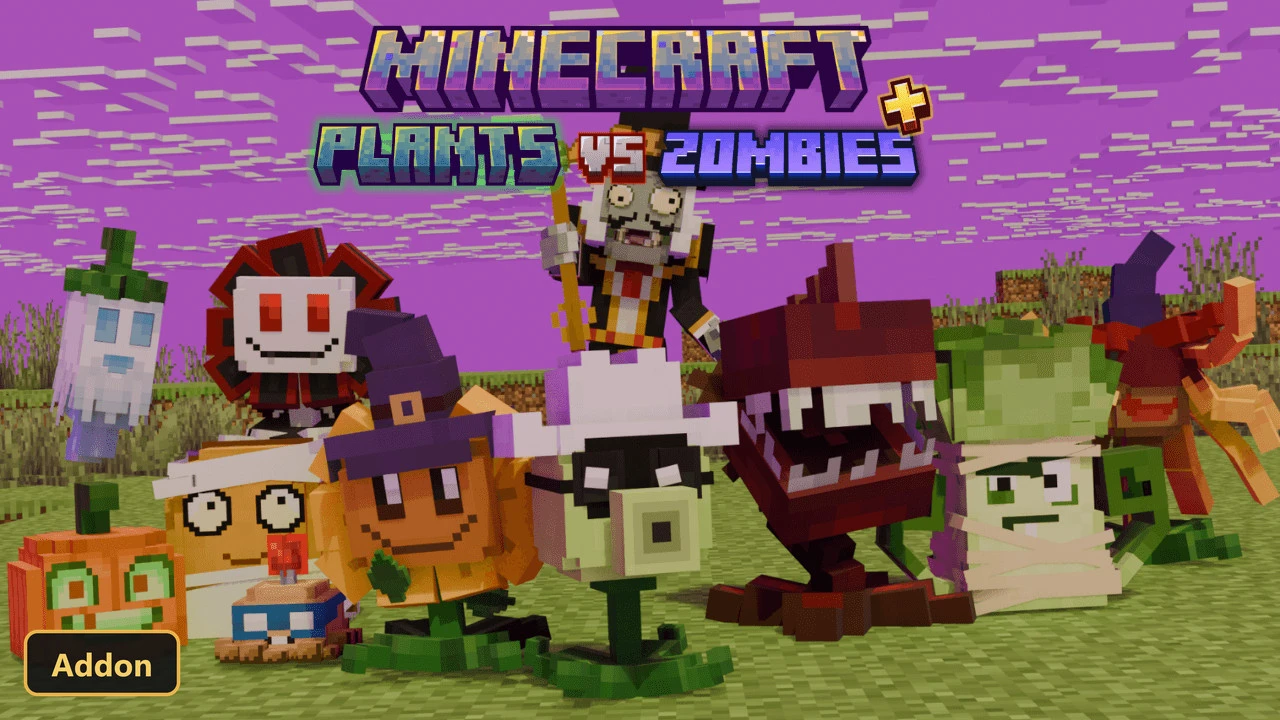 a variety of plant and zombie mobs in a purple sky world