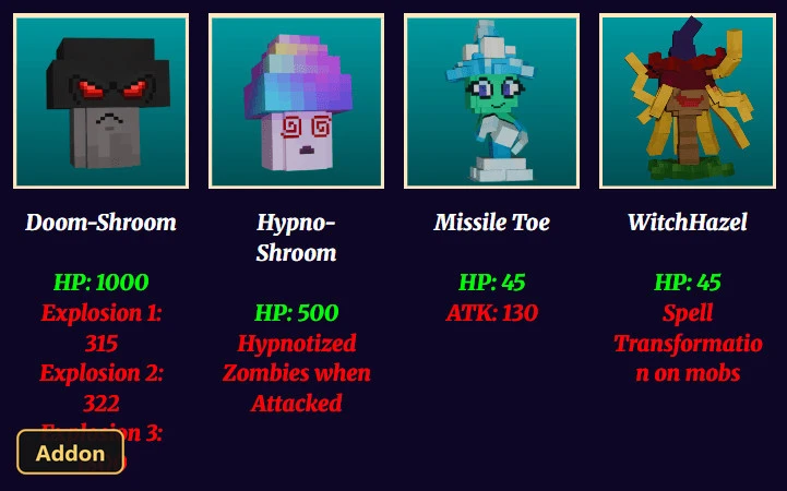 four plant mobs with their names and stats