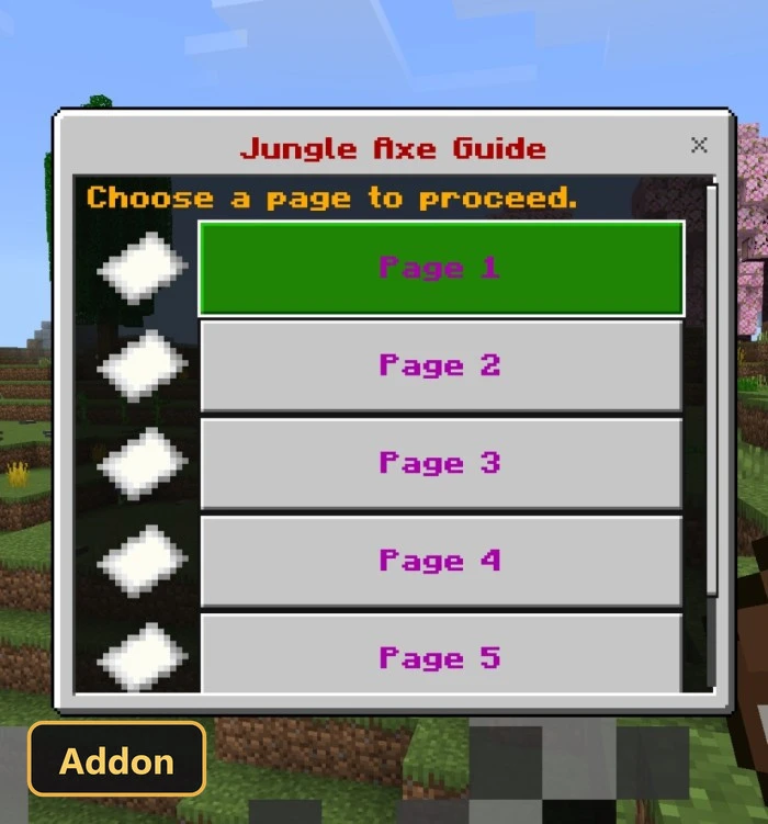in-game menu for a Jungle Axe Guide with multiple pages