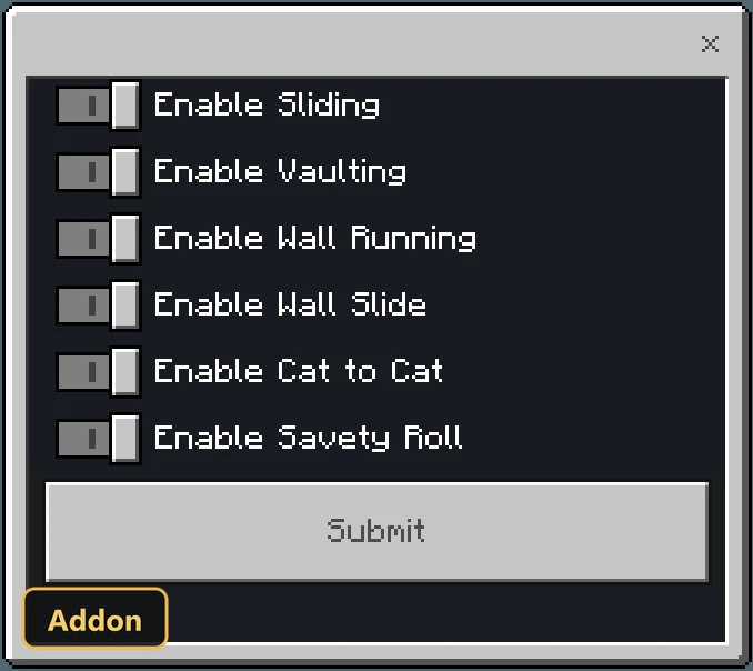 add-on settings menu with six toggle options