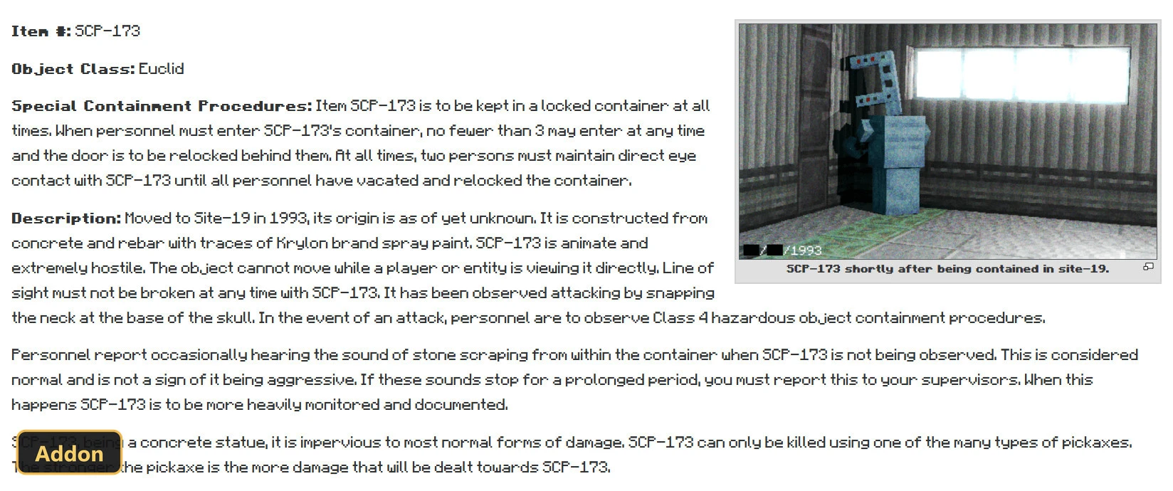 text description of SCP-173 with an image of the mob