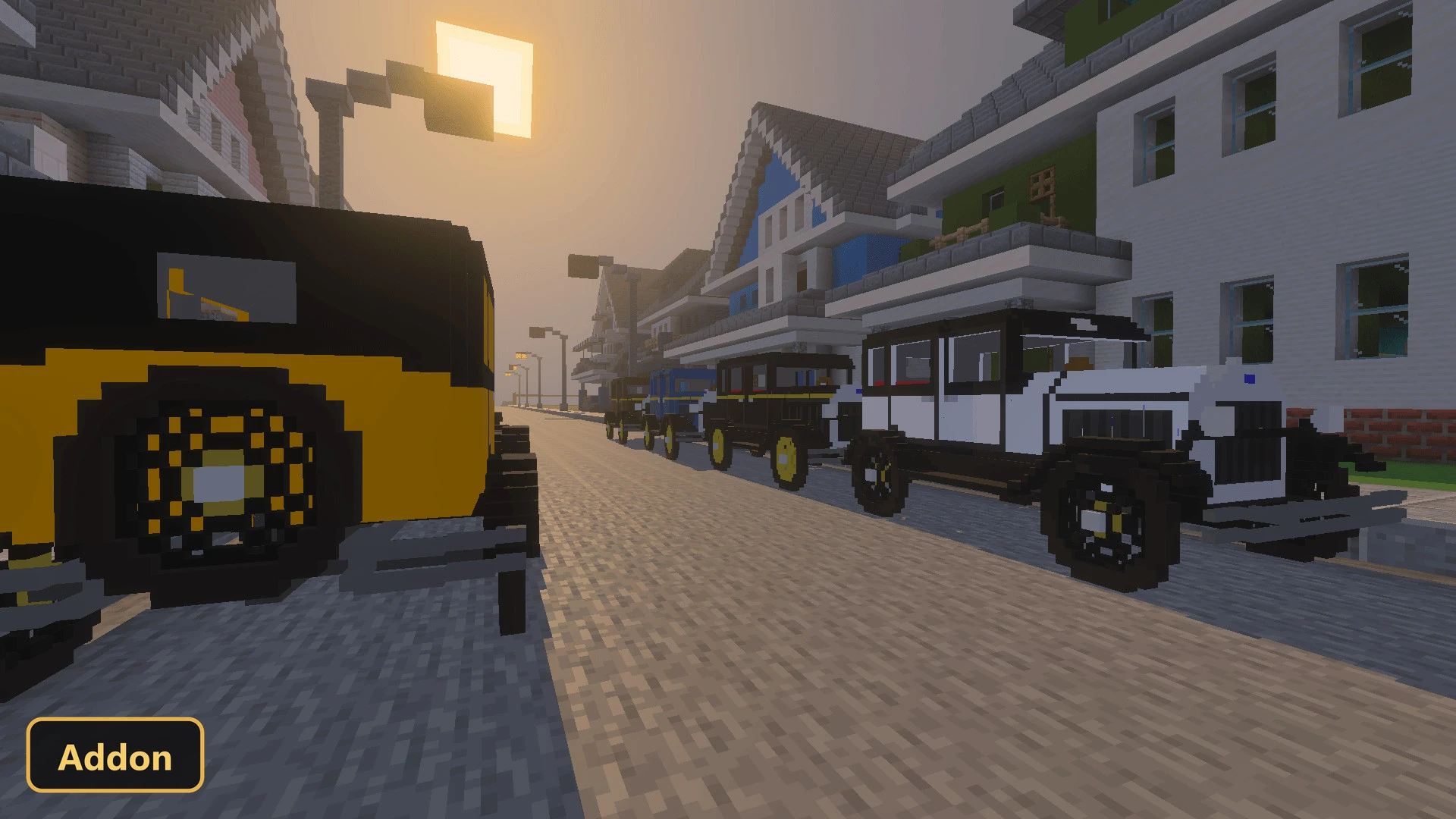 vintage cars parked on a street at sunset