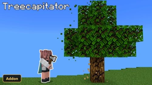 Player chopping down a tree with an axe, leaves falling