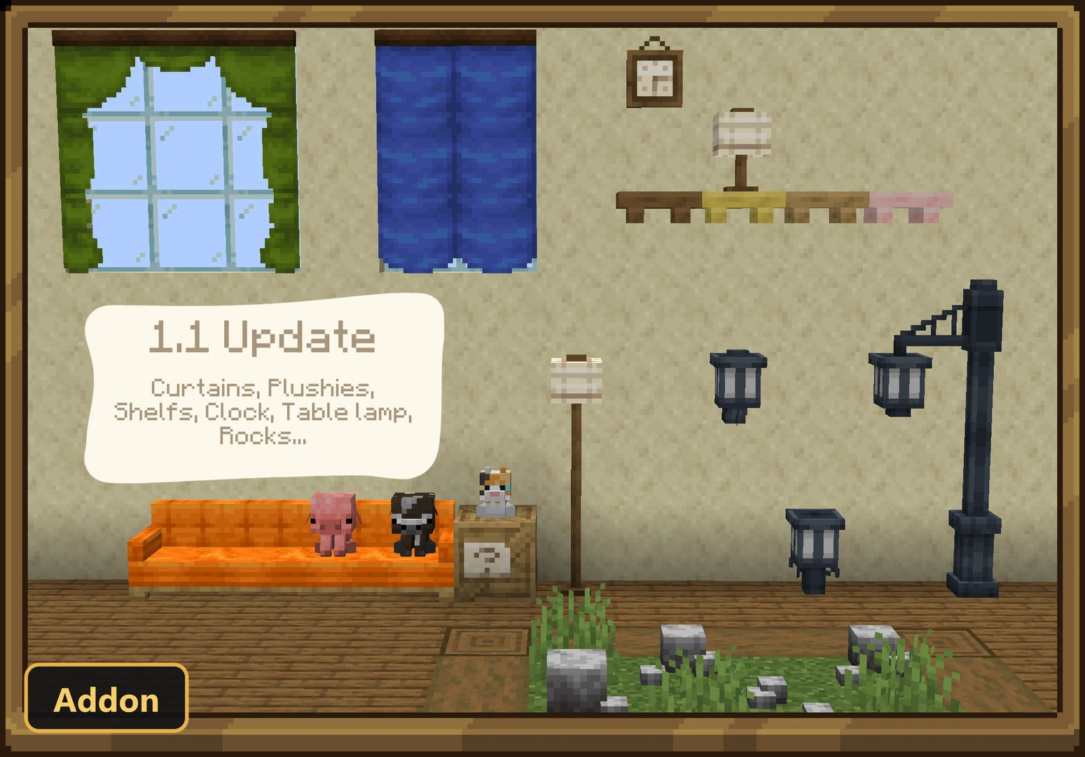 curtains, plushies, shelves, lamps, street lamp, and rocks