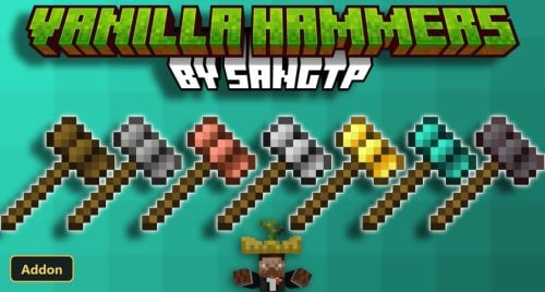 seven different hammers and a villager on a green background