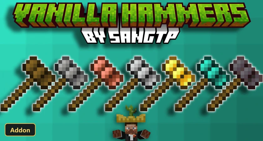 seven different hammers and a villager on a green background