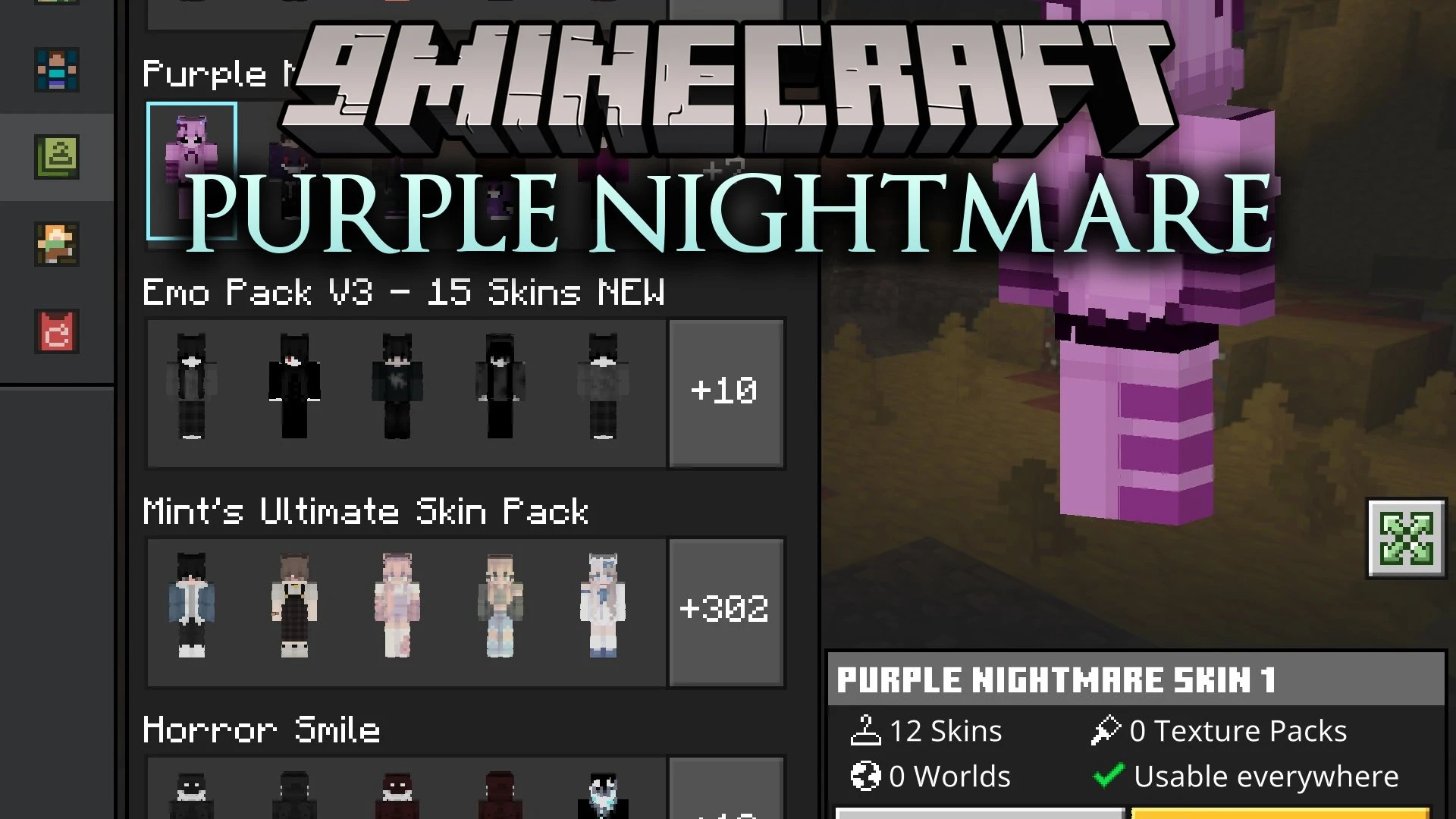 Purple Nightmare Skin Pack (26.x, 1.21) – Creepy Purple Nightmare Costumes