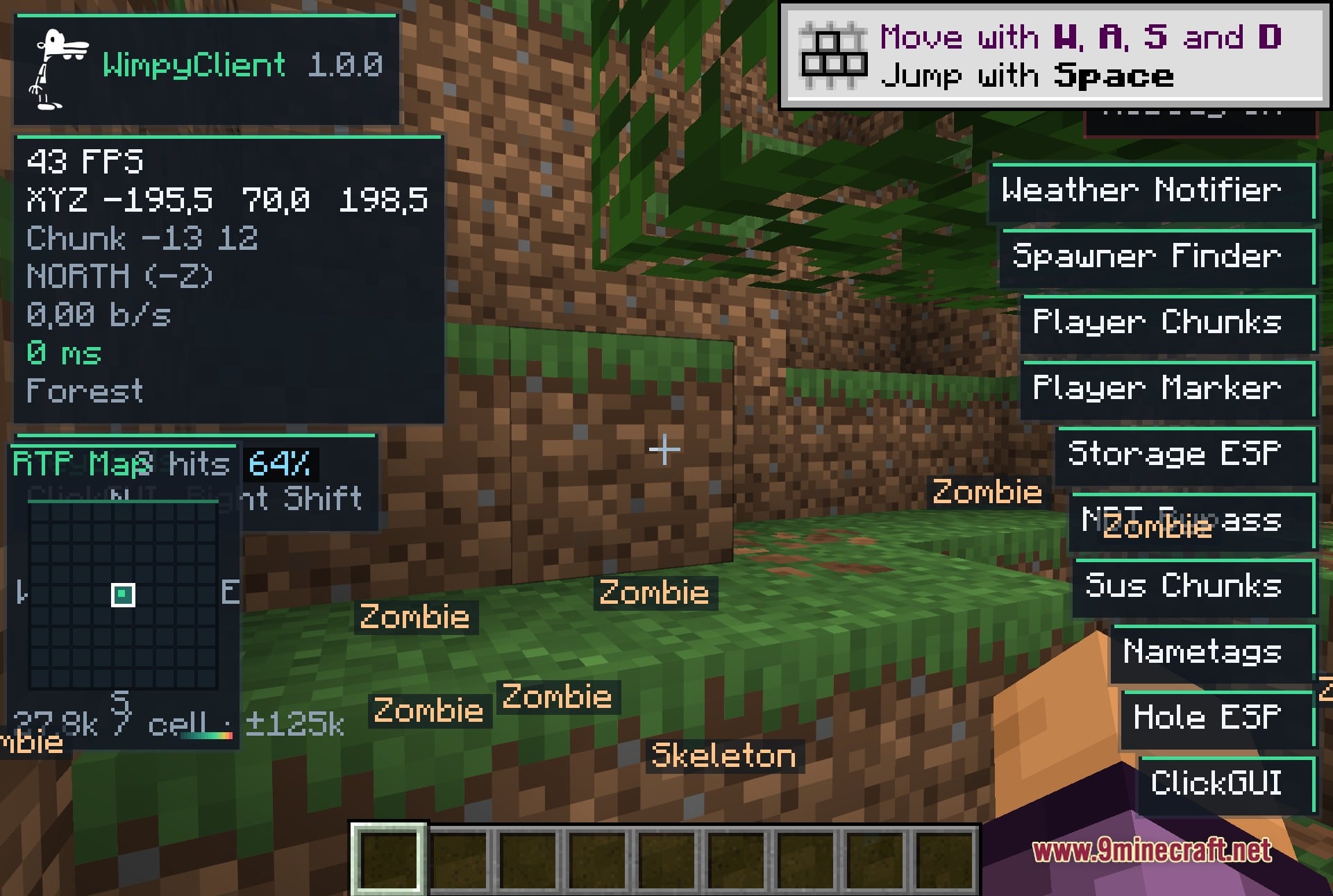 The Wimpy Client info HUD reads out coordinates, movement speed, facing direction, FPS and biome while the module list runs down the right edge.