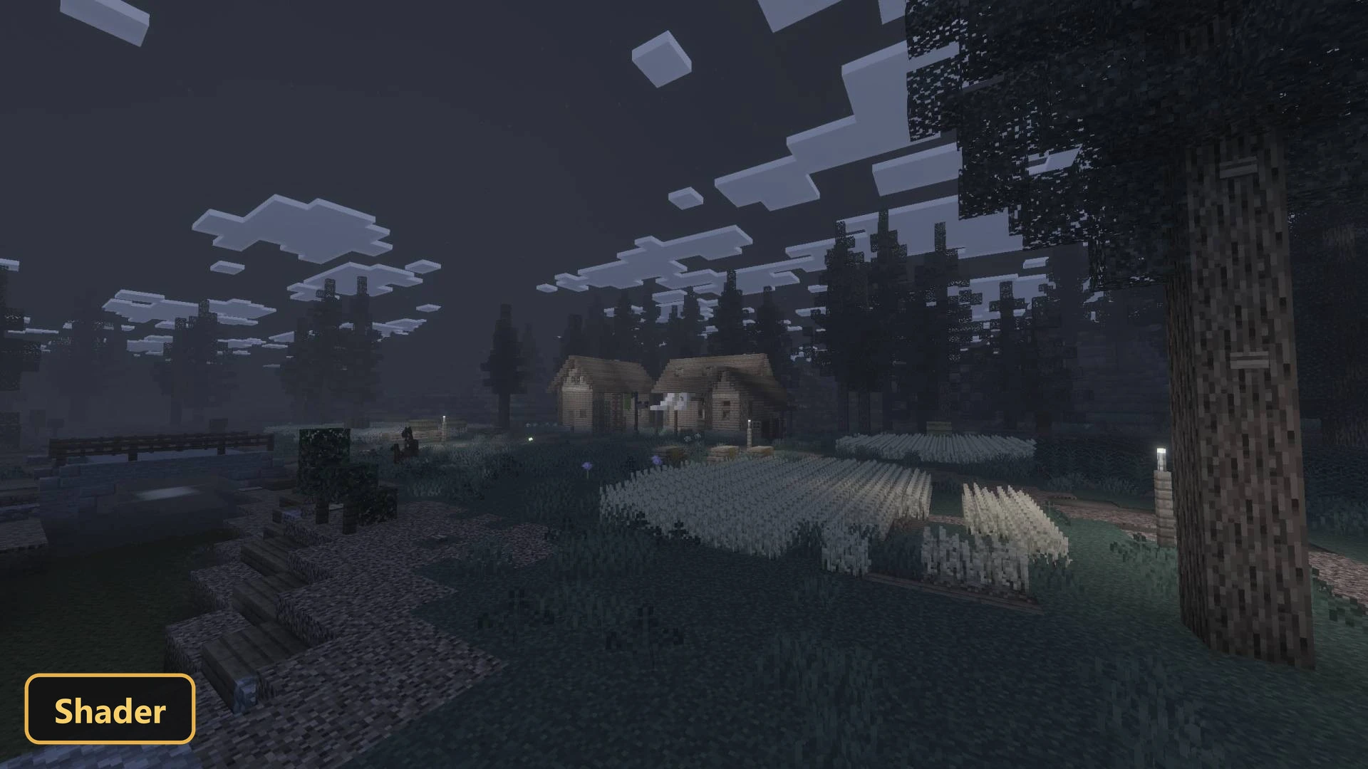 two wooden houses in a dark forest, with crops and fog