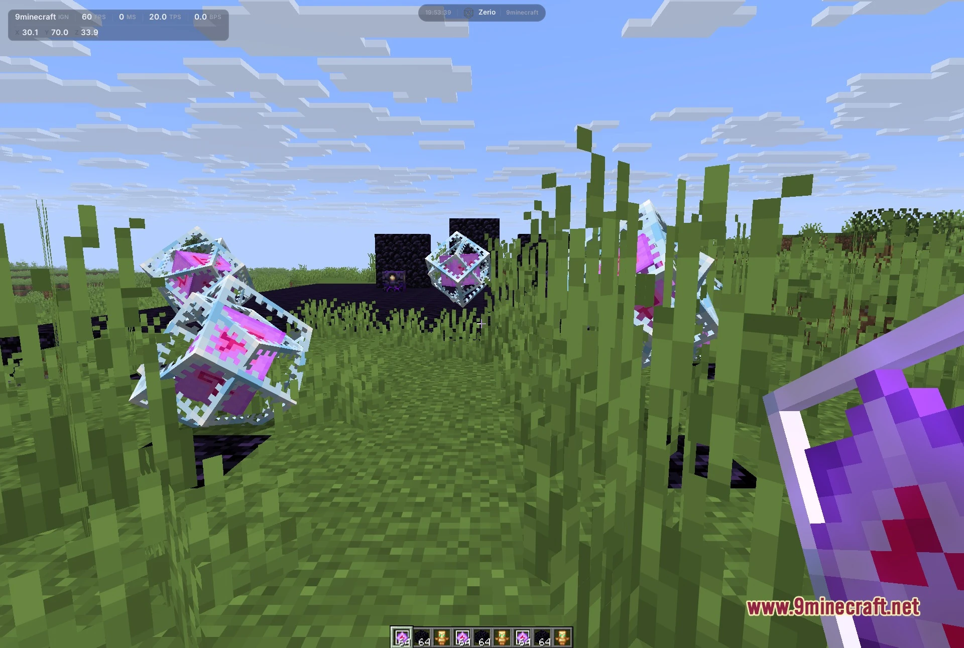 Zerio Client Mod Screenshot 4 Third-person view with the client active during a crystal exchange.