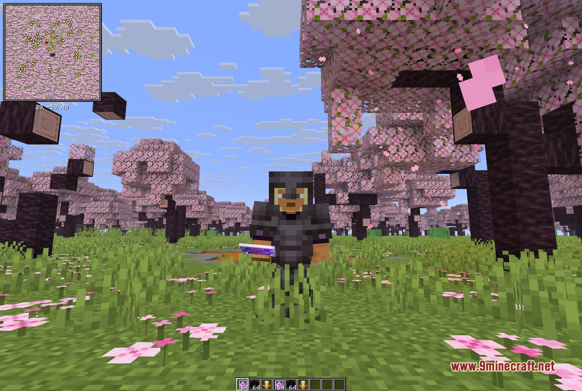 BepHax Client Mod Screenshot 4 Wide third-person shot of the cherry forest used to check render distance and chunk loading