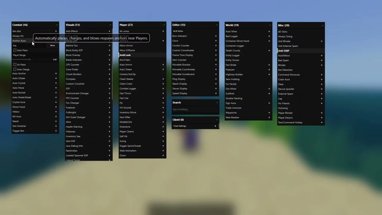Nyx Client ClickGUI with module settings and search