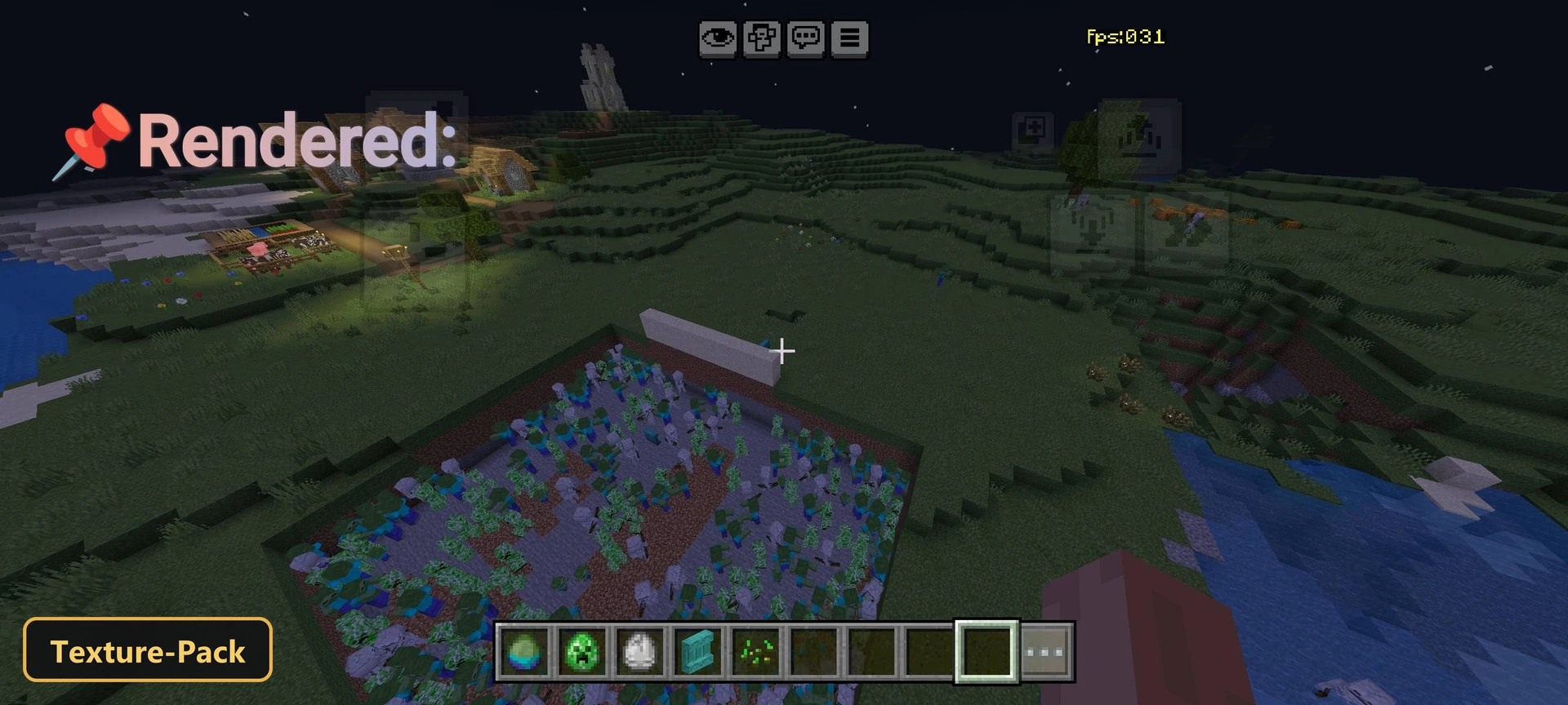 aerial view of night plains with village and mob-filled pit