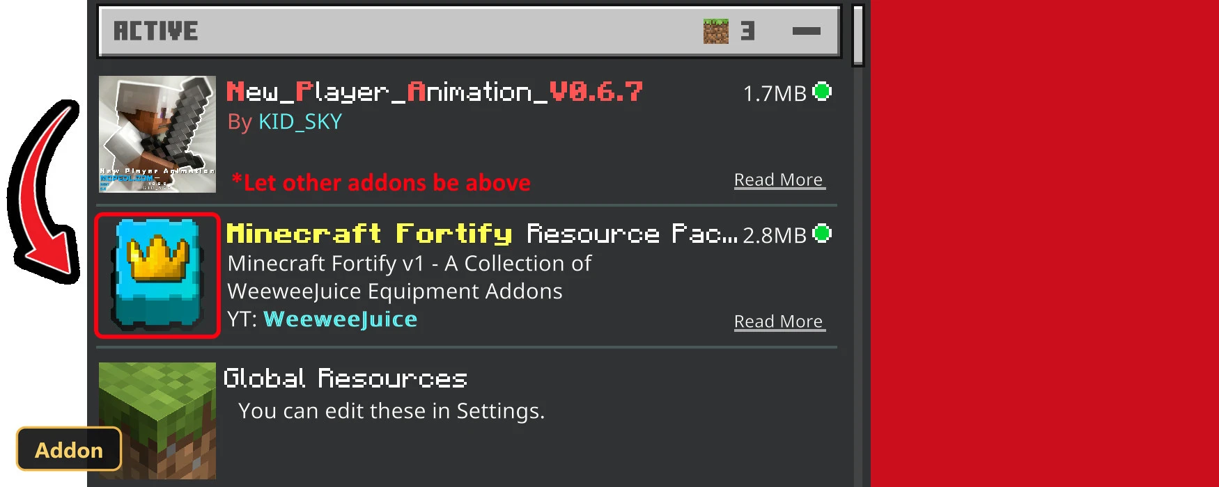 pack list screen showing resource pack activation order