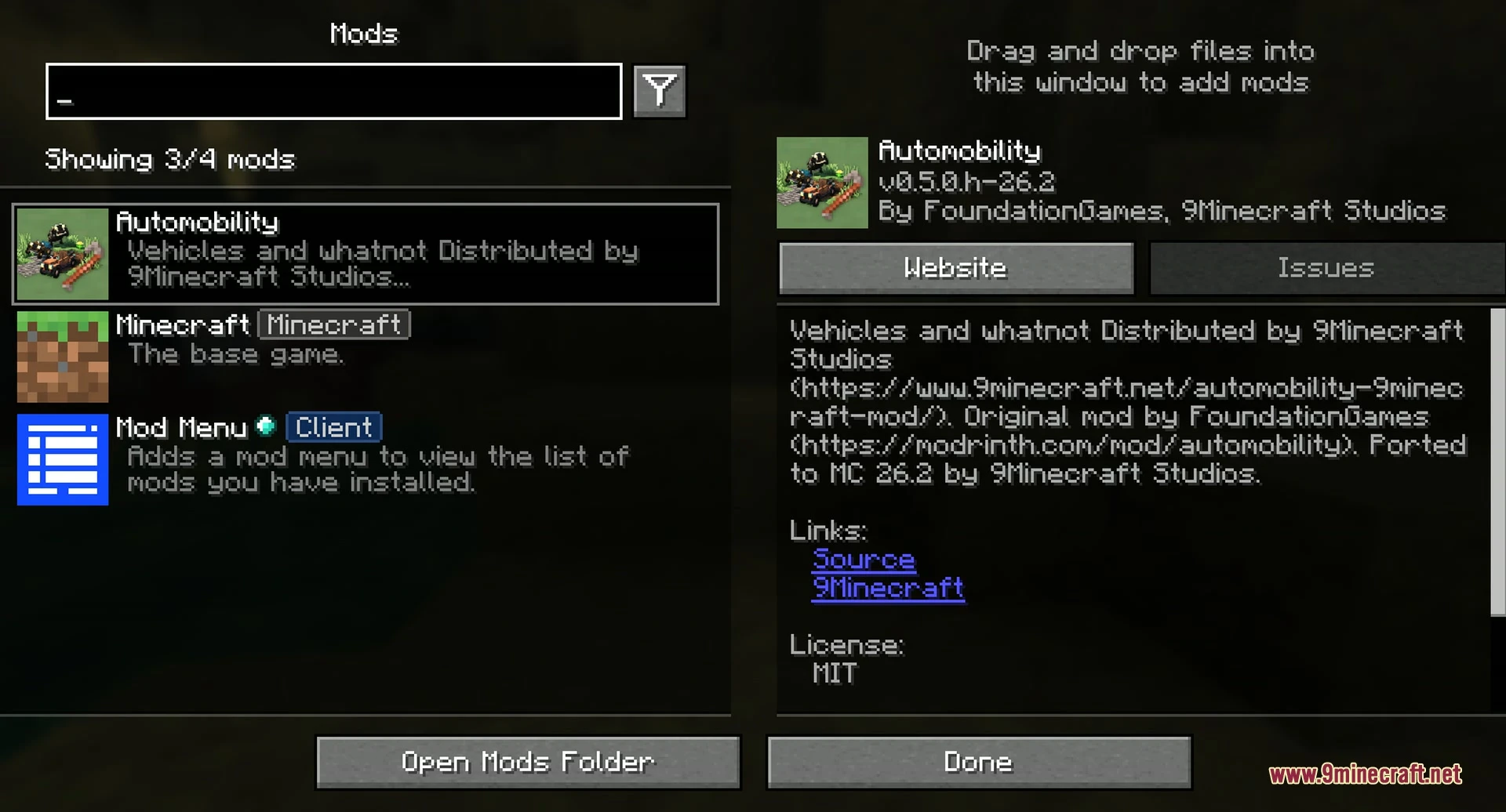 Automobility 9minecraft Mod (26.3, 26.2) Mods Screen