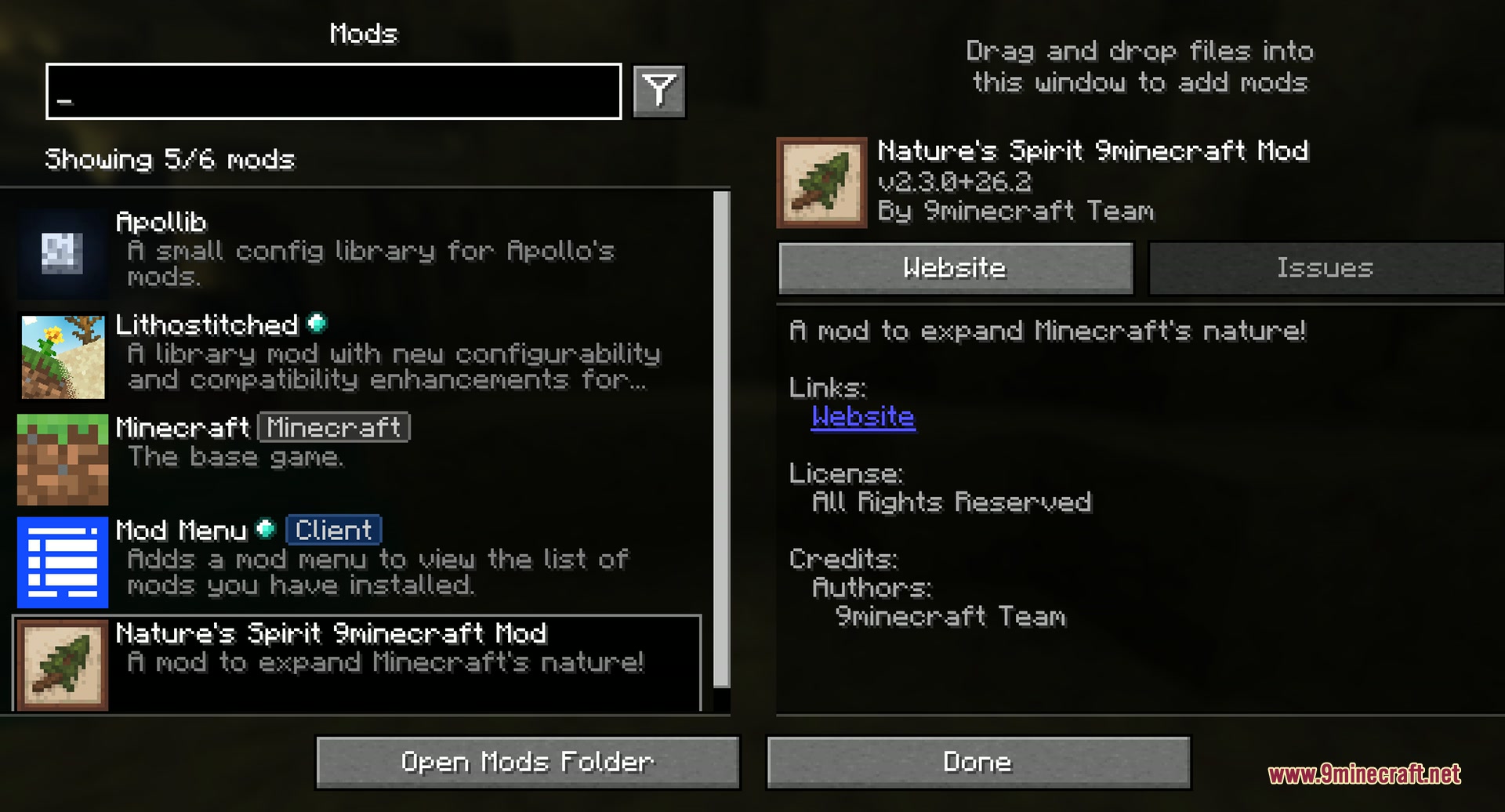 Nature's Spirit 9minecraft Mod (26.2) Mods Screen