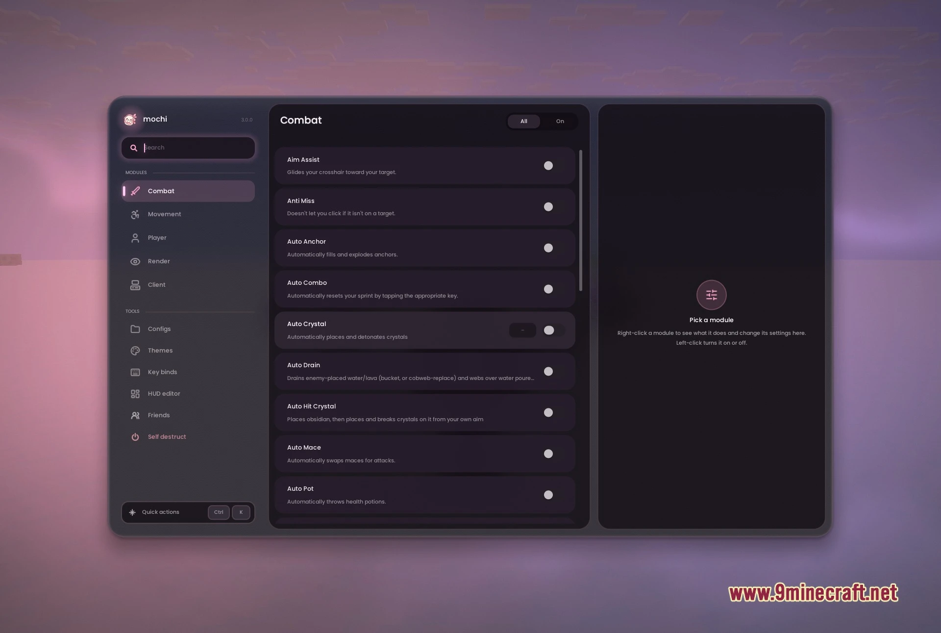 Mochi Client Mod Screenshot 1 Mochi interface open on the Combat tab, listing Aim Assist, Anti Miss, Auto Anchor, Auto Combo, Auto Crystal, Auto Drain, Auto Hit Crystal, Auto Mace and Auto Pot, with the Configs, Themes, Key binds, HUD editor and Friends tools in the sidebar