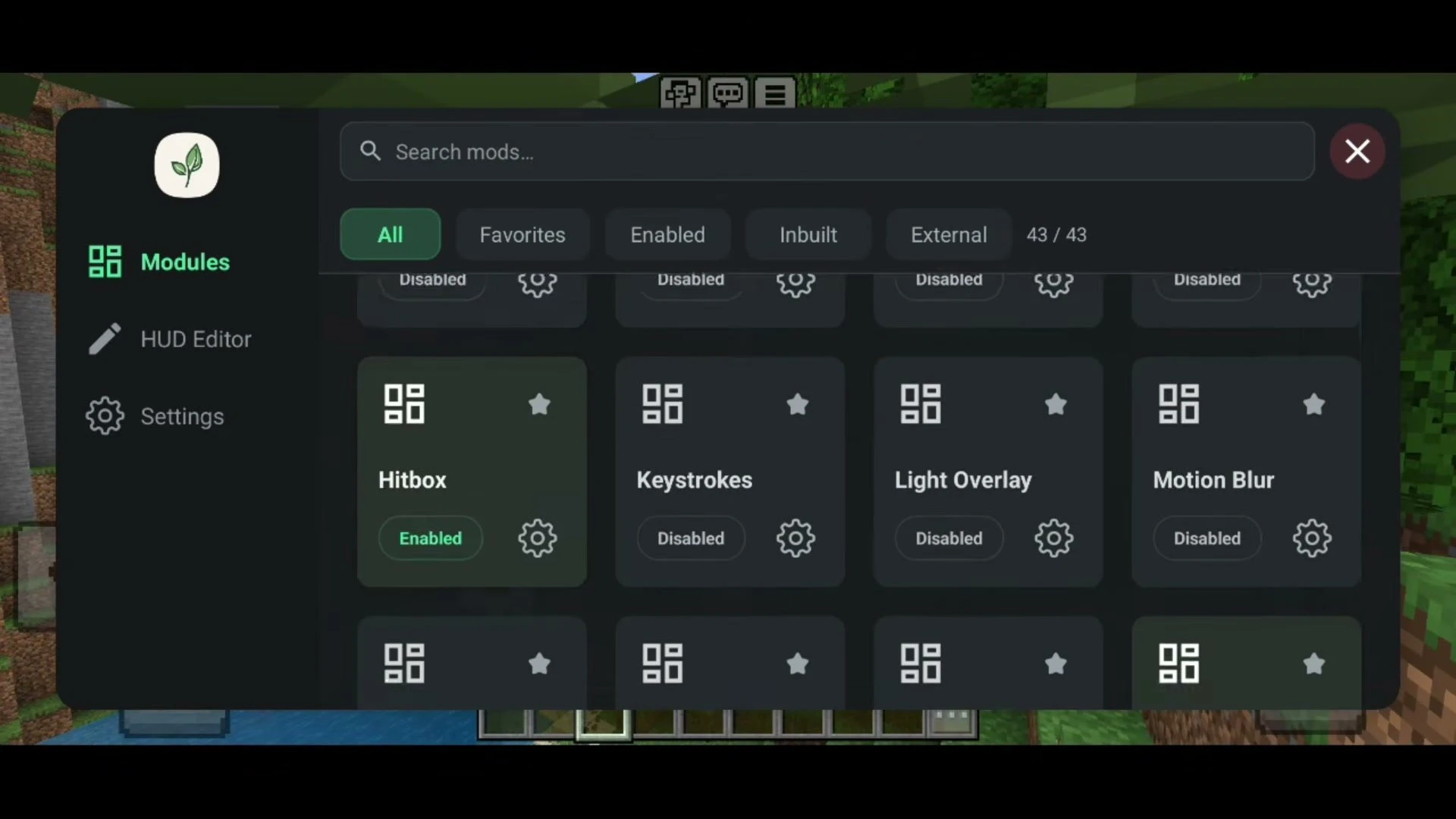 BedrockTools Screenshot 10 Hitbox module enabled next to Keystrokes, Light Overlay and Motion Blur
