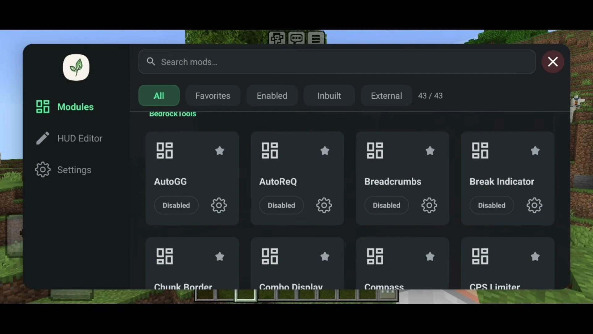 BedrockTools Screenshot 2 BedrockTools module menu with AutoGG, AutoReQ, Breadcrumbs and Break Indicator