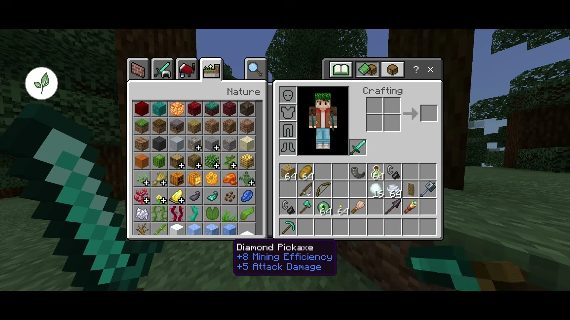 Inventory screen with the new offhand slot holding a diamond pickaxe